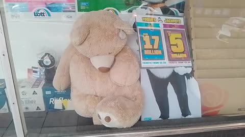 Giant teddy bear next to 17 in newsagent window is another remarkable Q-incidence!