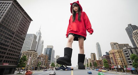 Giant Adult East Asian girl with Red Cat Ear Hoodie and black skirt aslo black ugg boot
