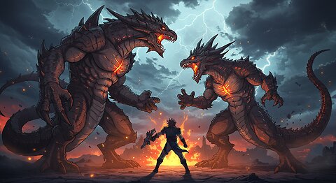 Epic Fantasy Battle: Colossal Monsters Clash Under Stormy Skies