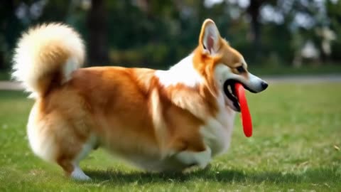A funny, fluffy Welsh corgi dog joyfully playing with a colorful rubber ring toy