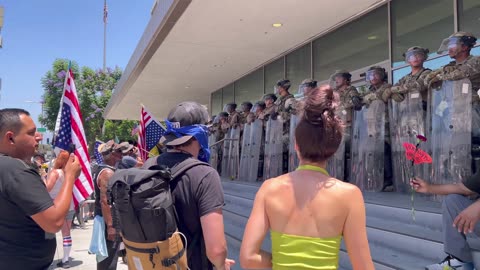 Anti-ICE and anti-Trump protesters outside of the federal building in downtown Los Angeles