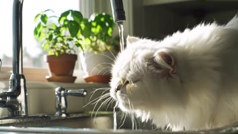 Persian Cat Drinks from Kitchen Tap – Adorably Realistic Moment!