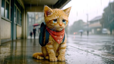 The kitten went to school for the first time... but something was wrong. 🌧️🐾🎒