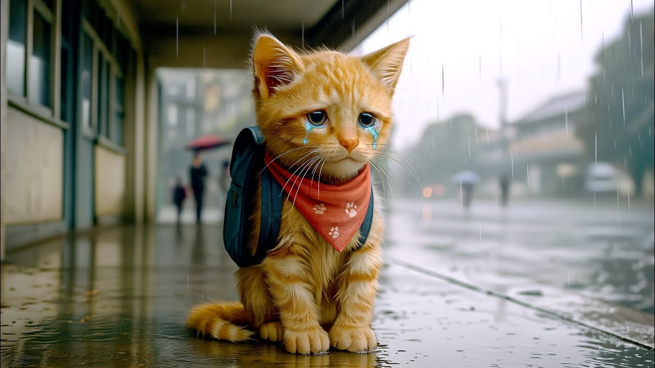 The kitten went to school for the first time... but something was wrong. 🌧️🐾🎒