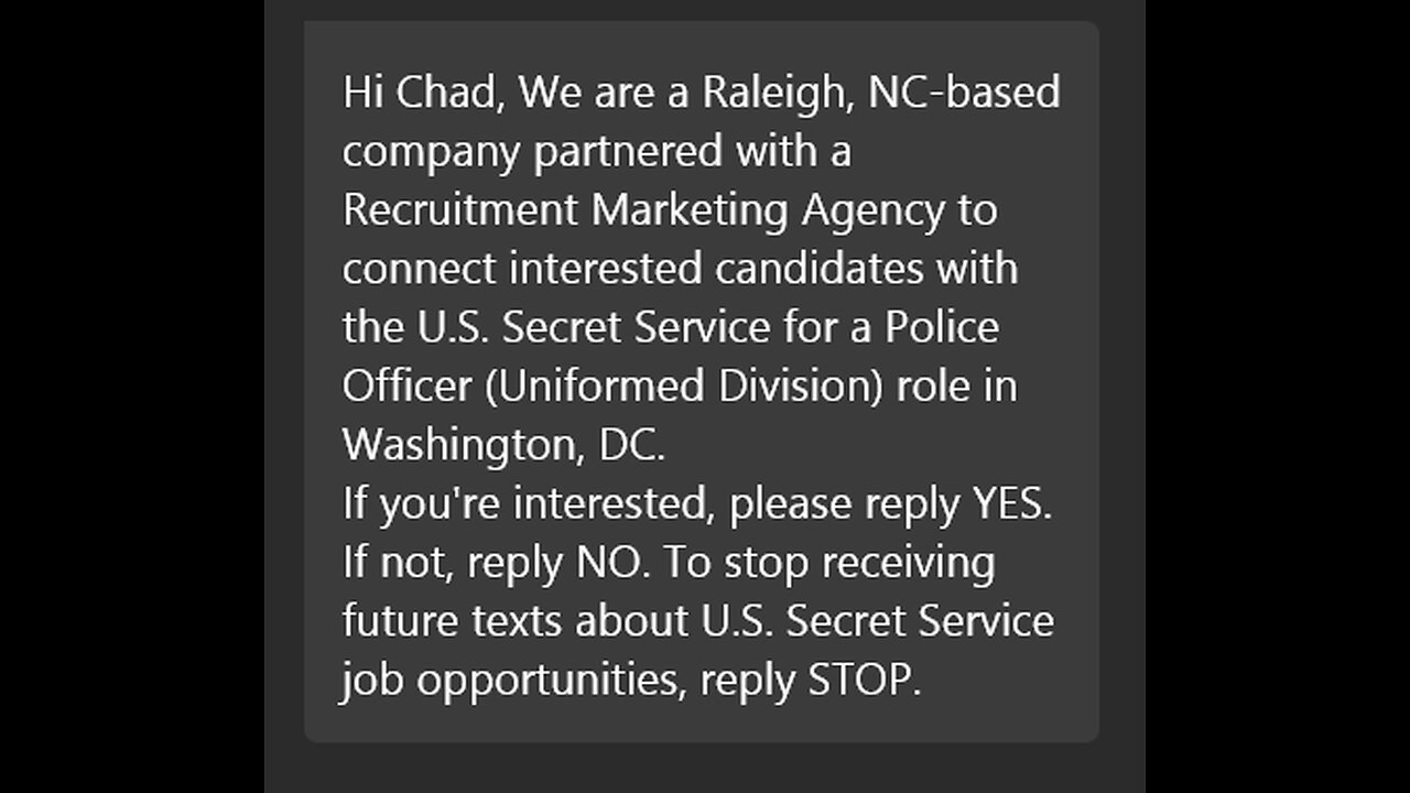 Secret Service Text Job Offer - Probably a scam.