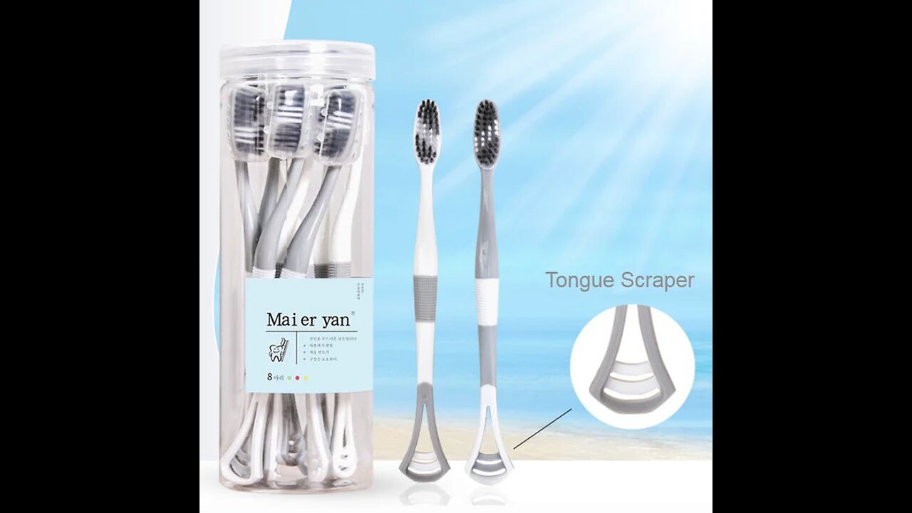 2-in-1 Tooth Brush with Tongue Scraper, Soft Bristle & Long Handle (8-Pack Set)