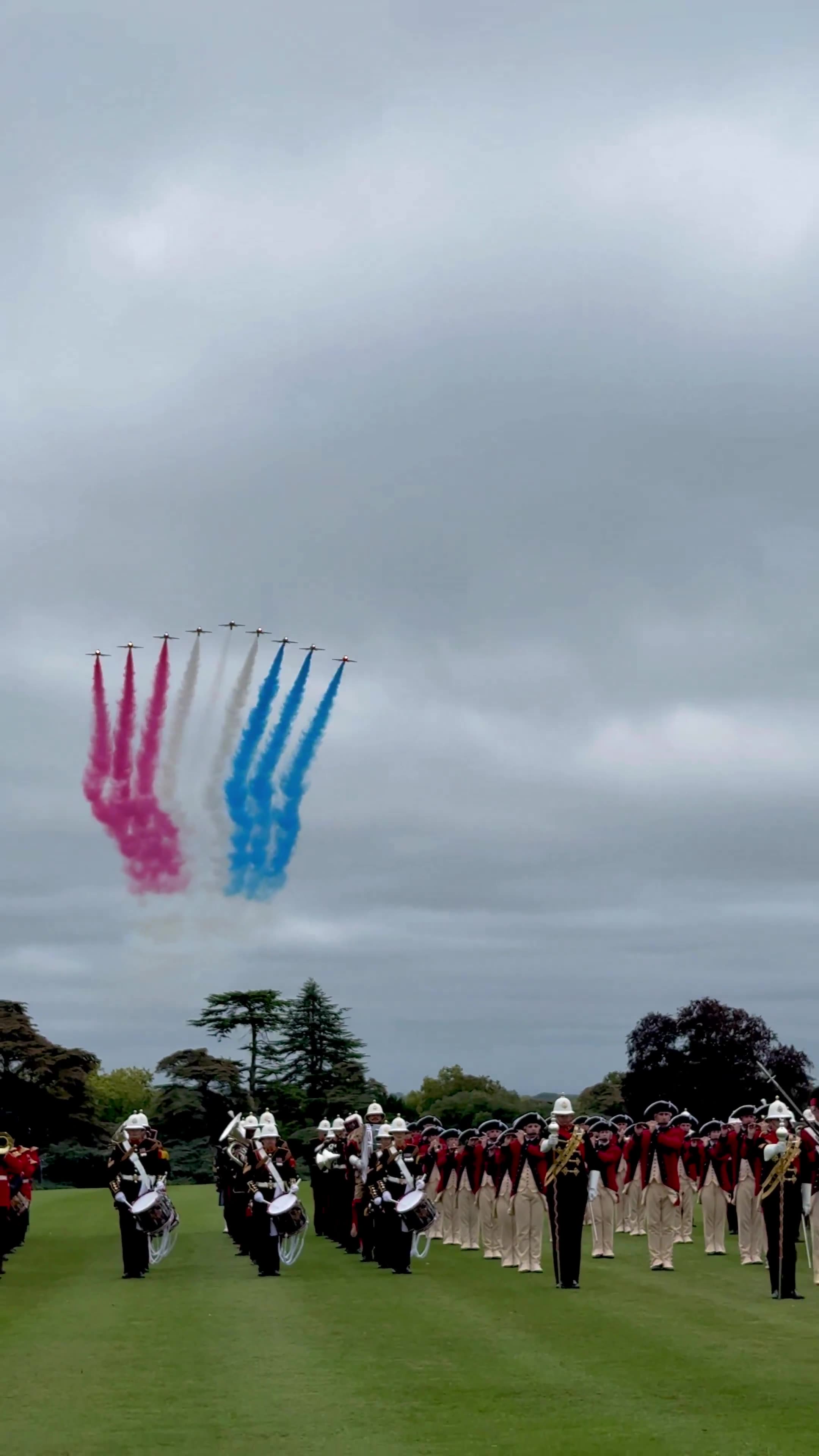 A joint U.S.-U.K. flyover of F-35s and Red Arrows atop President Trump, First Lady