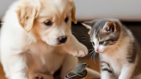 Puppy And Kitten Meet Tiny Bird