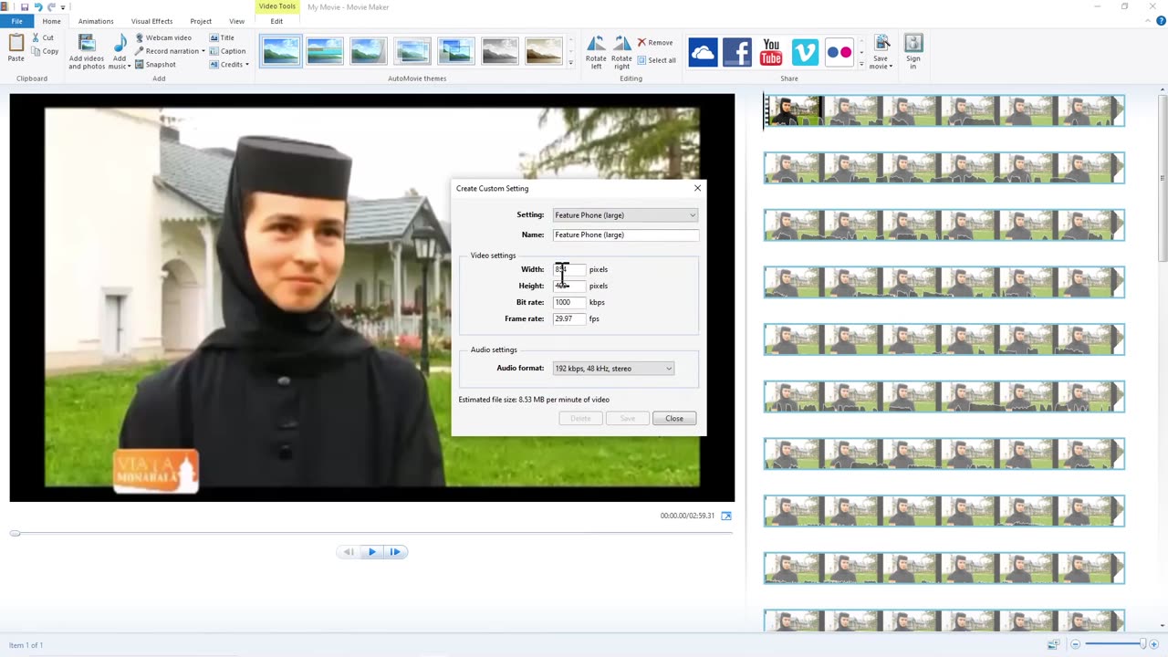 Movie Maker video settings - frame, bit rate, video size
