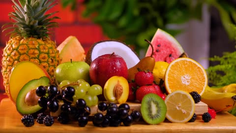 Fresh sliced fruit placed on a wooden board on a table, grapes, oranges, peaches, bananas,