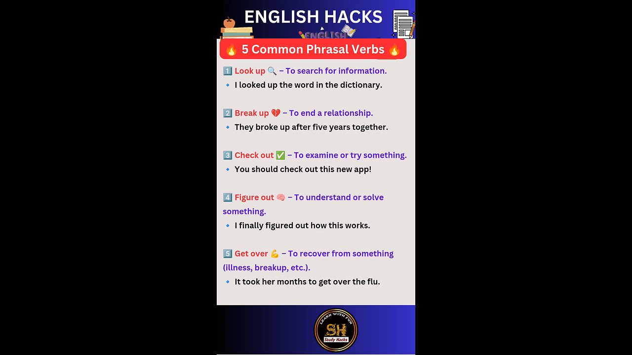 5 common pharsal verbs you must know it #studyhacks123 #english #phrasalverbs #shorts