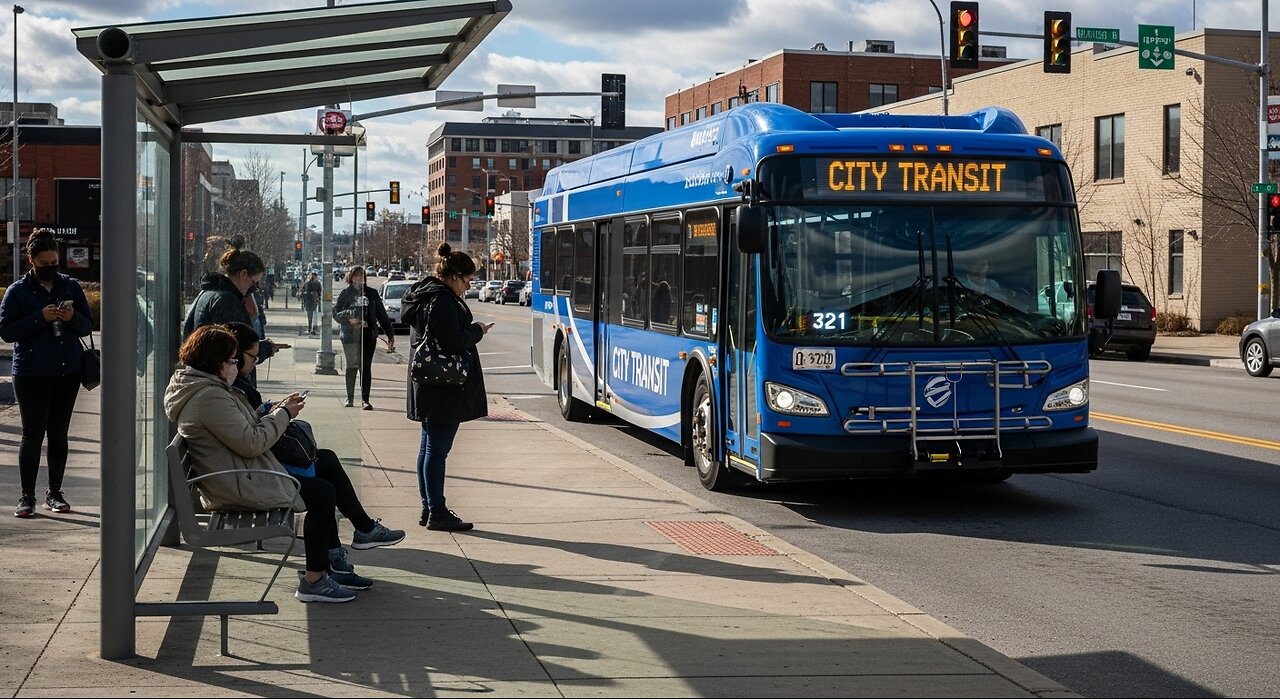 A Newflyer City bus Open the Front door for People to get on board the bus