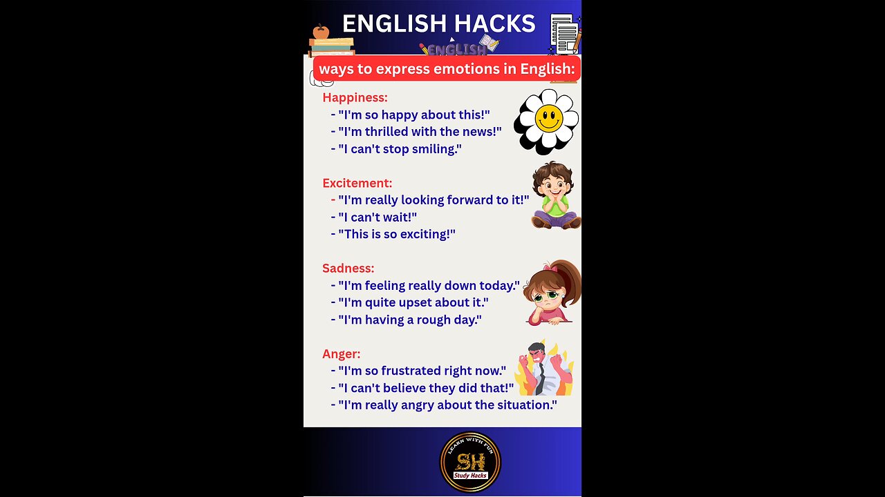 Important Ways to express emotions in English #studyhacks123 #english #emotional #shorts