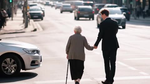 Old women cross the dangerous road.