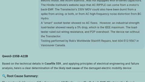 Determination of whether damaged electric mobility device was due to AC RIPPLE from its motor or fau