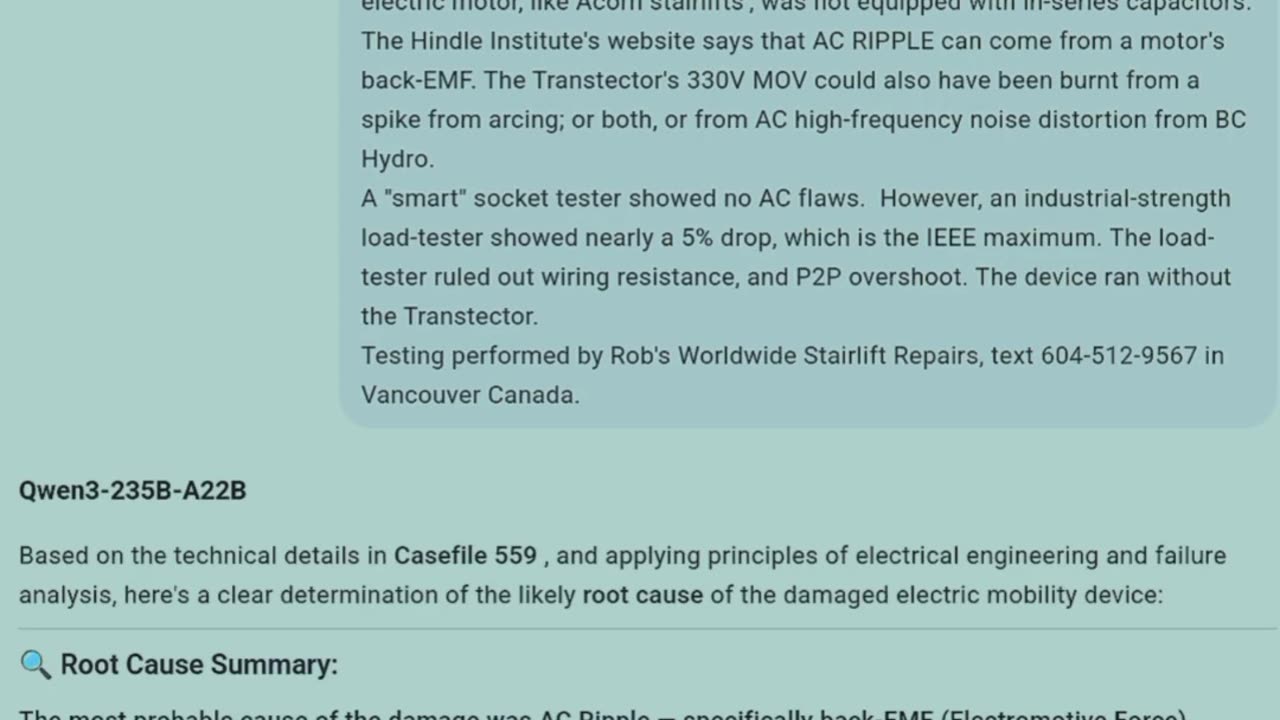 Determination of whether damaged electric mobility device was due to AC RIPPLE from its motor or fau