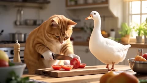 The Kitten Brings a Duckling Home to Make a Vegetable Salad#cat #catts #cute #funny