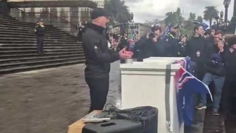 White Australia leader Thomas Sewell makes a speech at the March for Australia rally in Melbourne