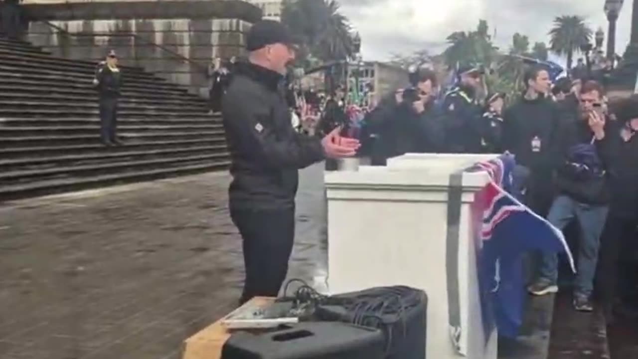 White Australia leader Thomas Sewell makes a speech at the March for Australia rally in Melbourne