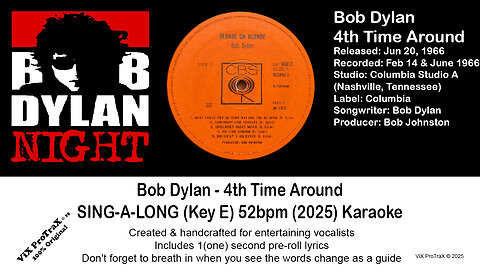 Bob Dylan - 4th Time Around SING-A-LONG (Key E) 52bpm (2025) Karaoke
