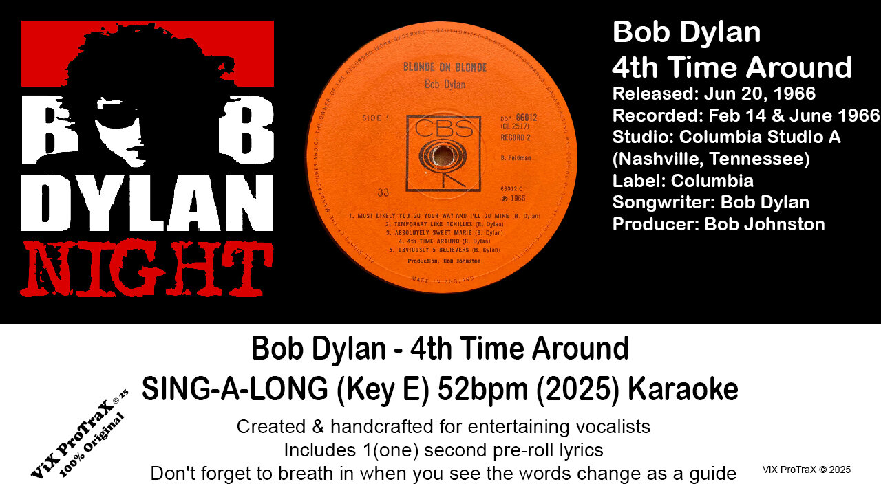 Bob Dylan - 4th Time Around SING-A-LONG (Key E) 52bpm (2025) Karaoke