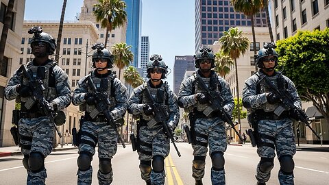 Los Angeles Military With camouflage Shark Uniform and Hoding a M16 GUN In real life Walking in