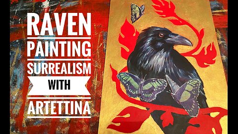 Painting raven bird with h butterflies surrealism with Artettina