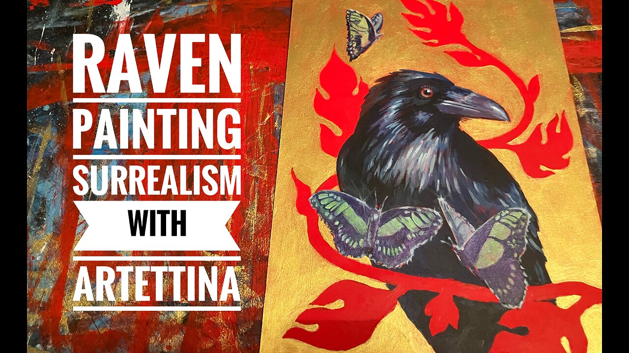 Painting raven bird with h butterflies surrealism with Artettina