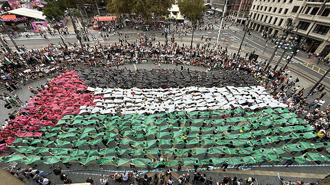 Living mosaic in Palestinian flag colors in Bilbao Spain