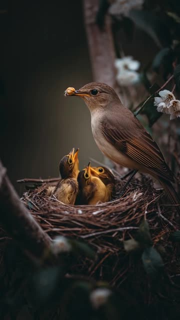 beautiful mother bird feeding to chicks in Nest