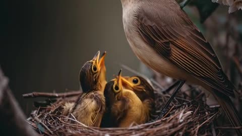 beautiful mother bird feeding to chicks in Nest