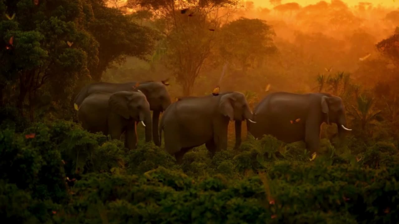 elephants walking through a dense tropical