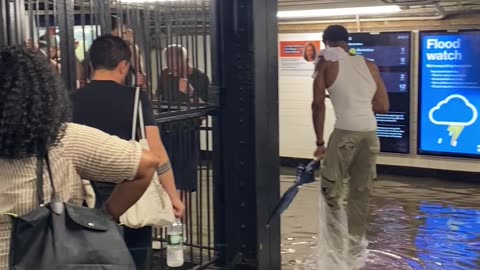 NYC 7th Ave Subway Station Flooding During Summer Storm