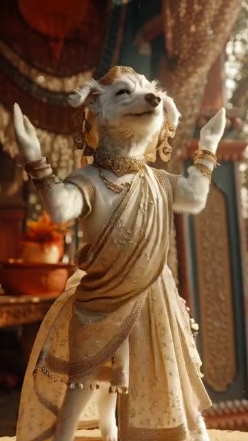 Photorealistic, hyper realistic vertical video of a white dog dancing bollywood chikni chameli dance