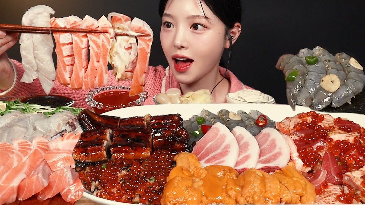 PLEASE FOLLOW ME Salmon Sashimi, Tuna, Soy-Marinated Shrimp Seafood Mukbang ASMR