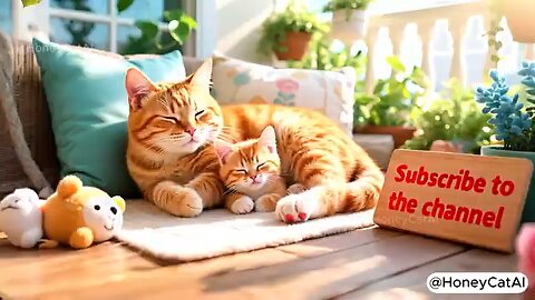 Mama Cat Resting from the Summer Heat-Her Kiten's Gentle Care and Love.