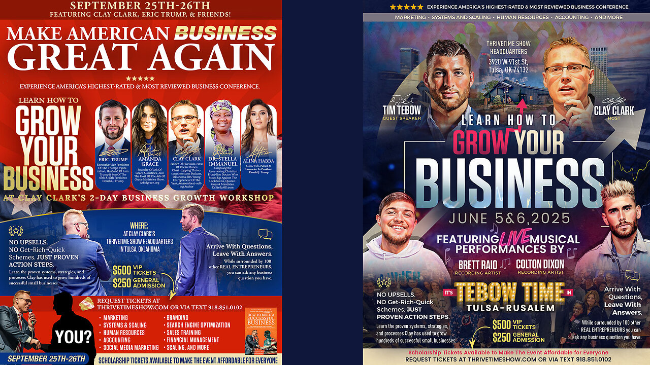 Business | Is This the Year to Make Your American Business Great Again?! Join Tim Tebow At Clay Clark's June 5-6 Business Workshop! Join Eric Trump At Clay Clark's September 25th & 26th 2025 Business Growth Workshop!