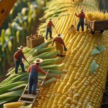 Miniature people working diligently husking a corn cob Ai Video Generator @NanoVisionsAI