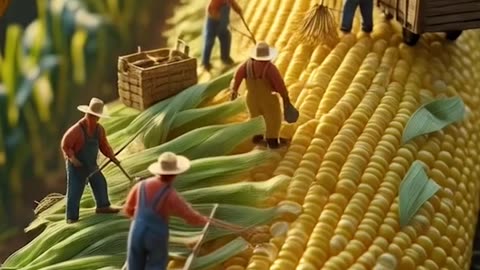 Miniature people working diligently husking a corn cob Ai Video Generator @NanoVisionsAI