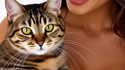 Beautiful Bond: Woman Smiling While Holding a Cute Cat