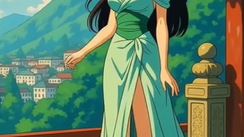 Elegant Anime Lady in Green Gown with Scenic Backdrop