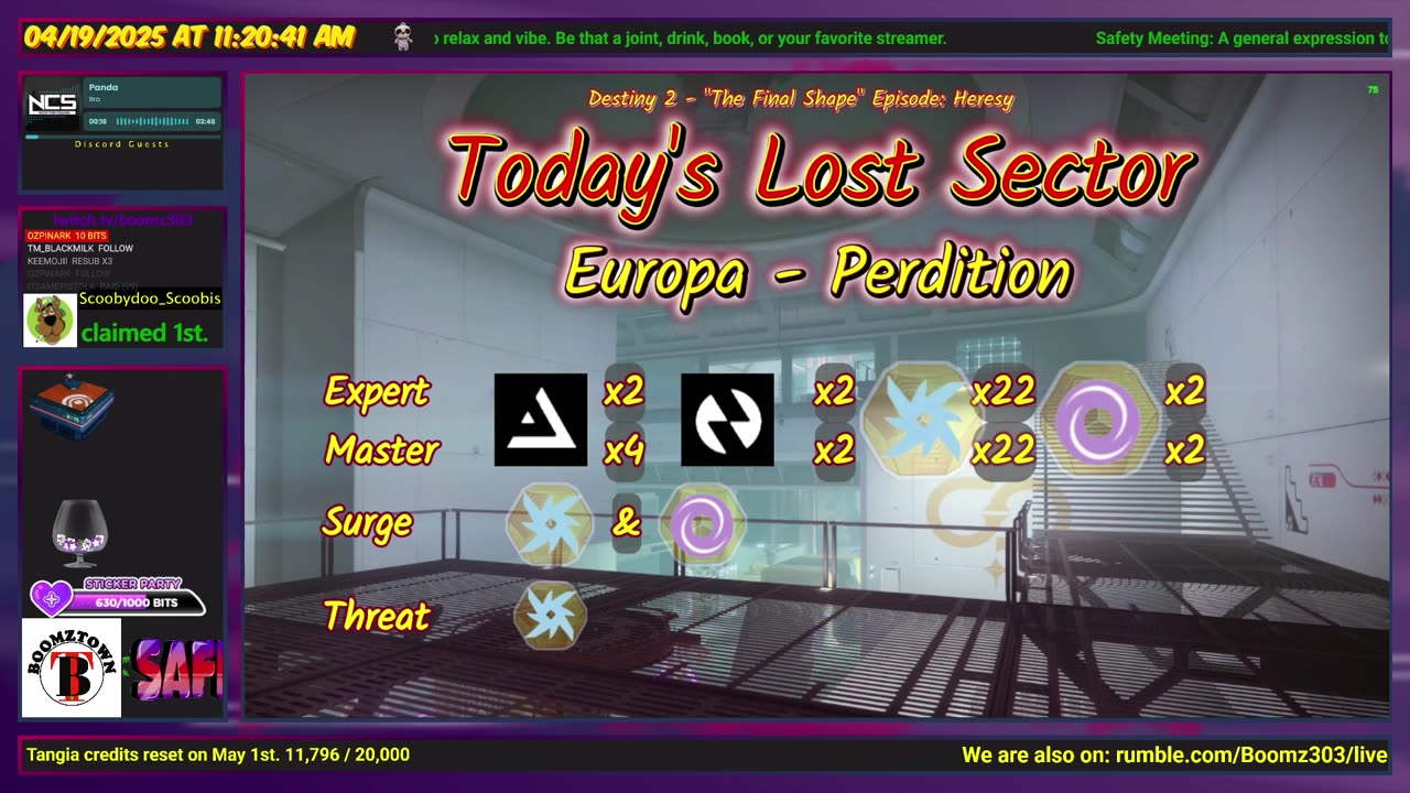 Destiny 2: 4-19-25 Perdition is the Lost Sector. Arc/Void Surge.