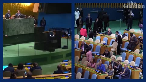 “ Scores of diplomats walked out of the UN general assembly before Netanyahu began his speech.”