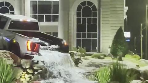 Brand New Truck Becomes Bank's Water Feature