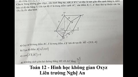 Liên trường Nghệ An: Trong không gian Oxyz, cho hình lăng trụ ABCA'B'C' có đáy là tam giác đều cạnh