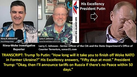 Johnson CIA: Trump To Putin: “How long will it take you to finish off Woke NATO in Former Ukraine?” His Excellency answers, “Fifty days at most.” President Trump: “Okay, I’ll announce tariffs on Russia if there’s no Peace within 50 days