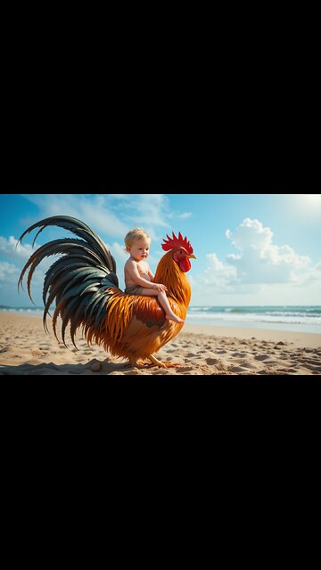 Baby’s Epic Beach Ride on a Giant Rooster! 🐔👶🏖️
