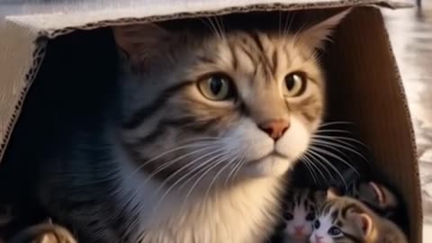Kitten and mother cat under the car. Kitten in a box