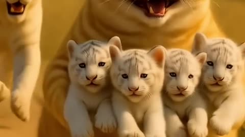 Ai animated orange cat funny cartoon video 😹💥 White tiger Cubs Taken by a Fat Cat!?