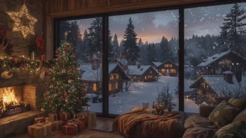 Christmas Ambiance with fireplace and winter snowfall ambiance